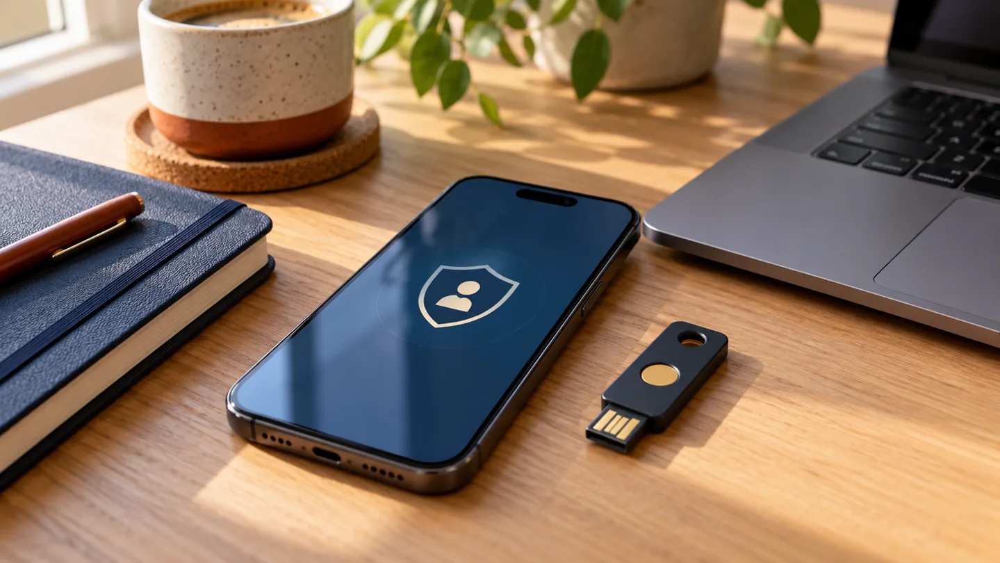 Phone and physical security key on a sunlit desk