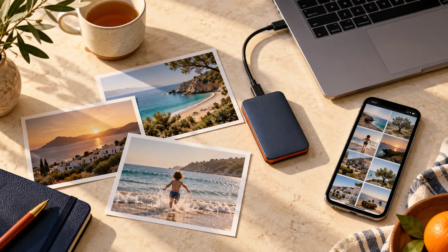 External backup drive, printed holiday photos and a laptop on a light table