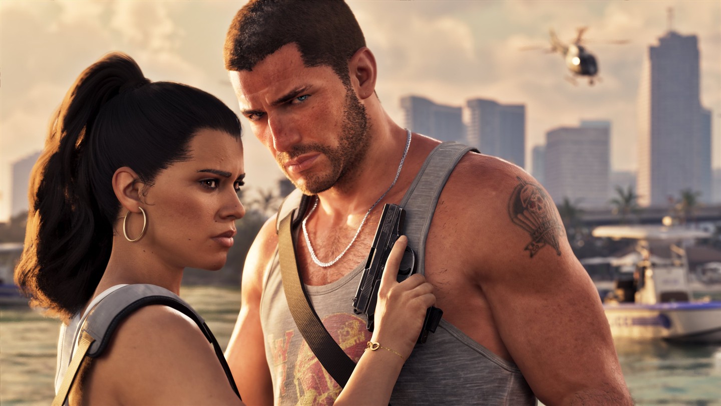Official GTA VI screenshot featuring Jason and Lucia with the Vice City skyline behind them
