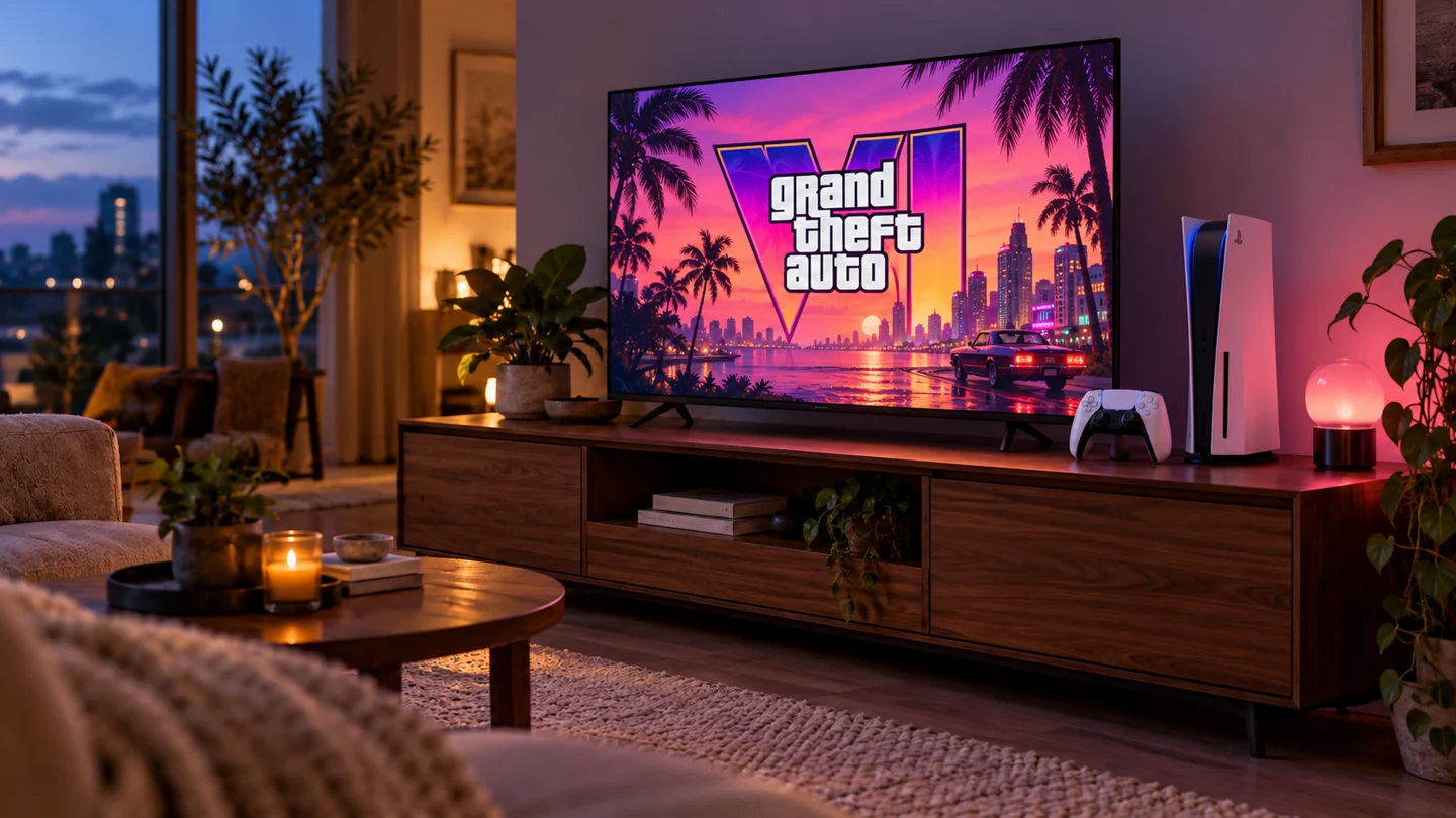 PlayStation 5 and DualSense controller beside a television showing GTA VI artwork