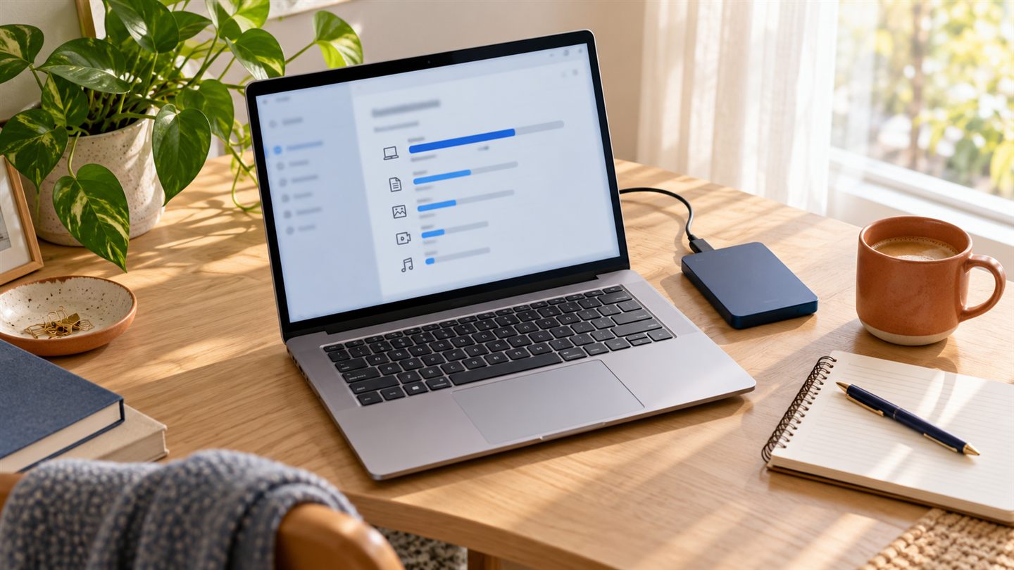 A laptop showing a simple storage overview beside an external drive and a terracotta mug