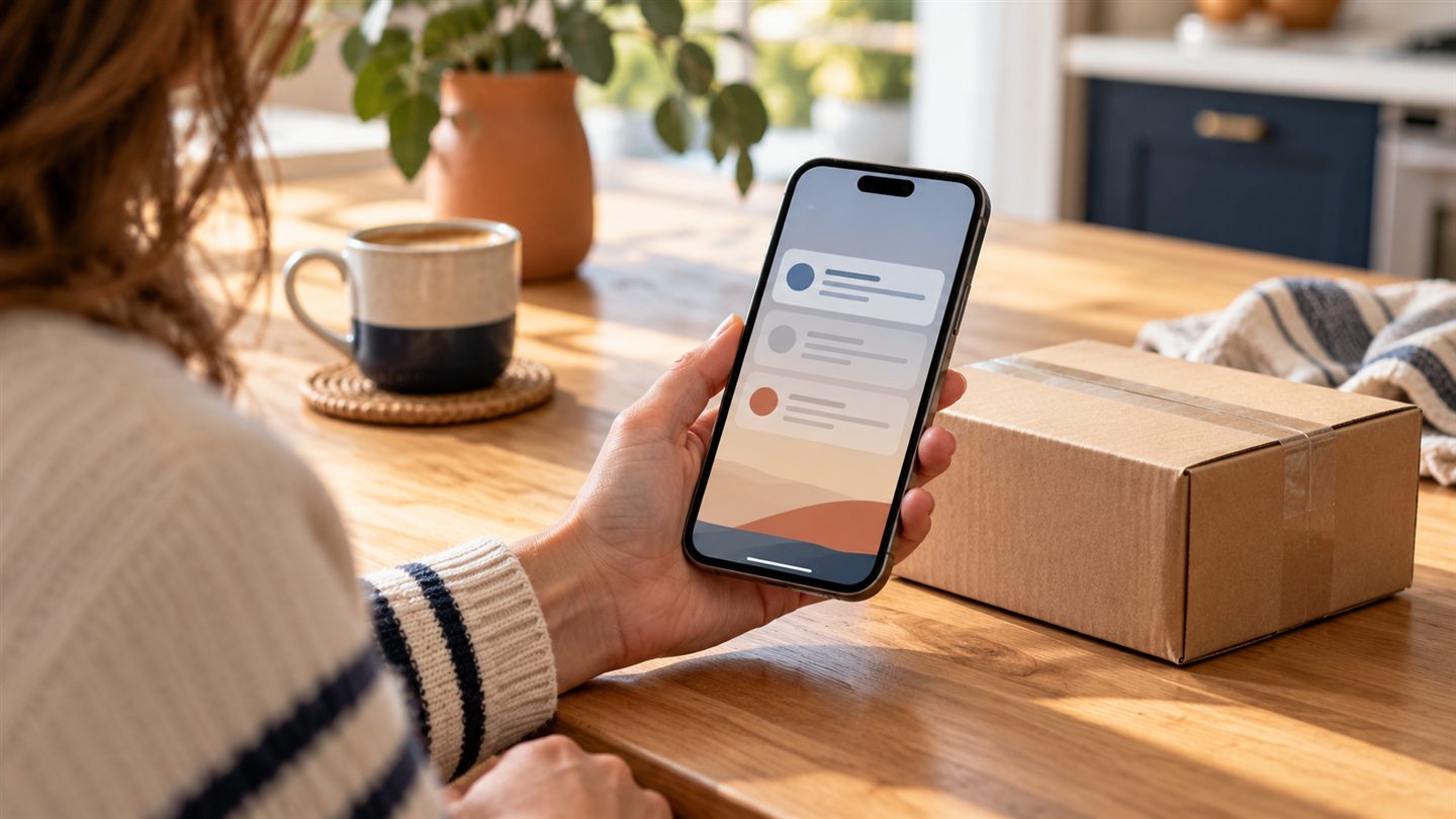 A person checking a smartphone beside a cardboard parcel on a sunlit kitchen table