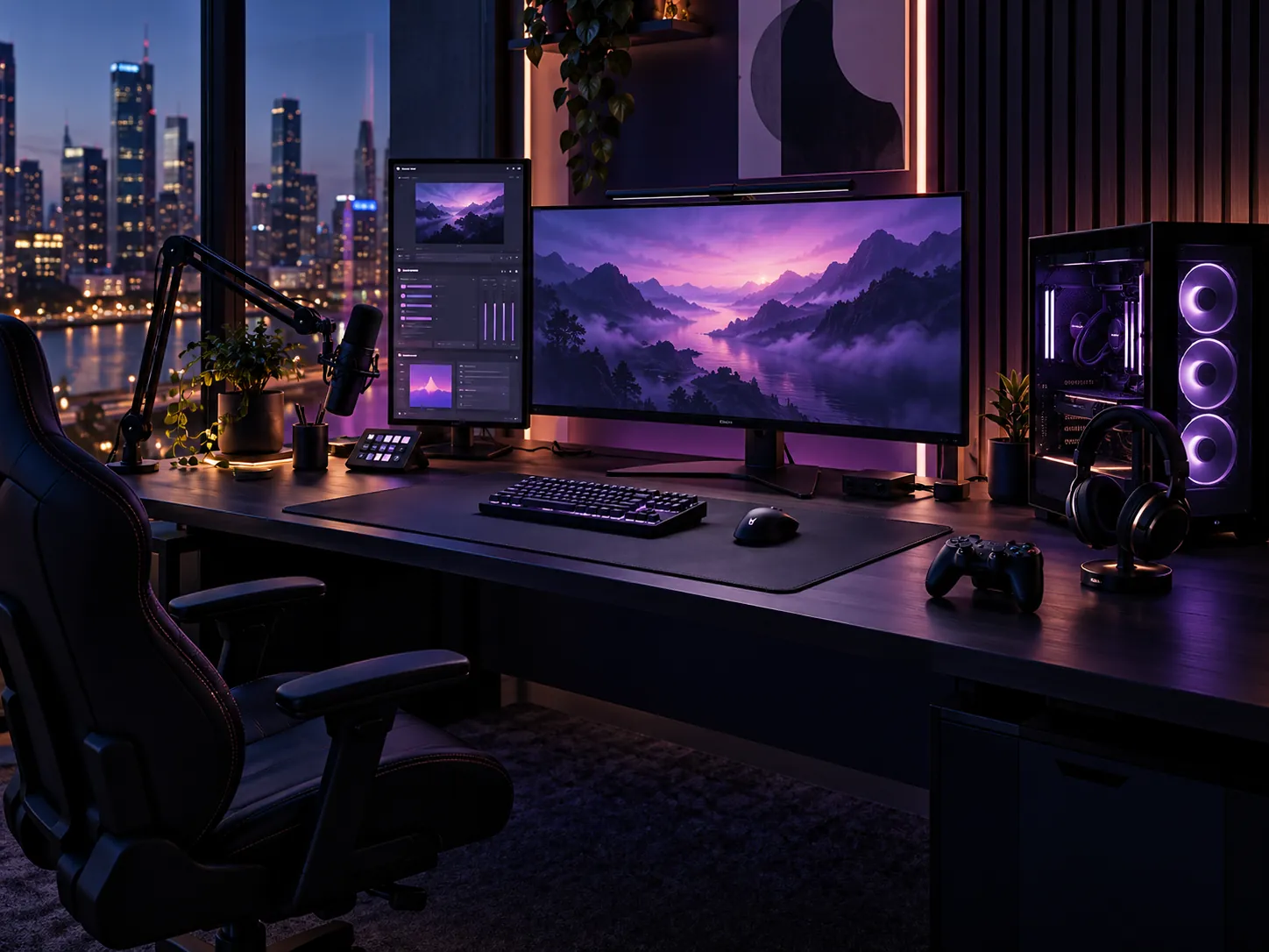 Illustrative gaming and streaming desk with violet lighting, monitors and microphone