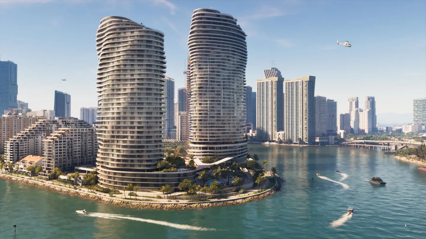 Official GTA VI screenshot showing the waterfront in Vice City